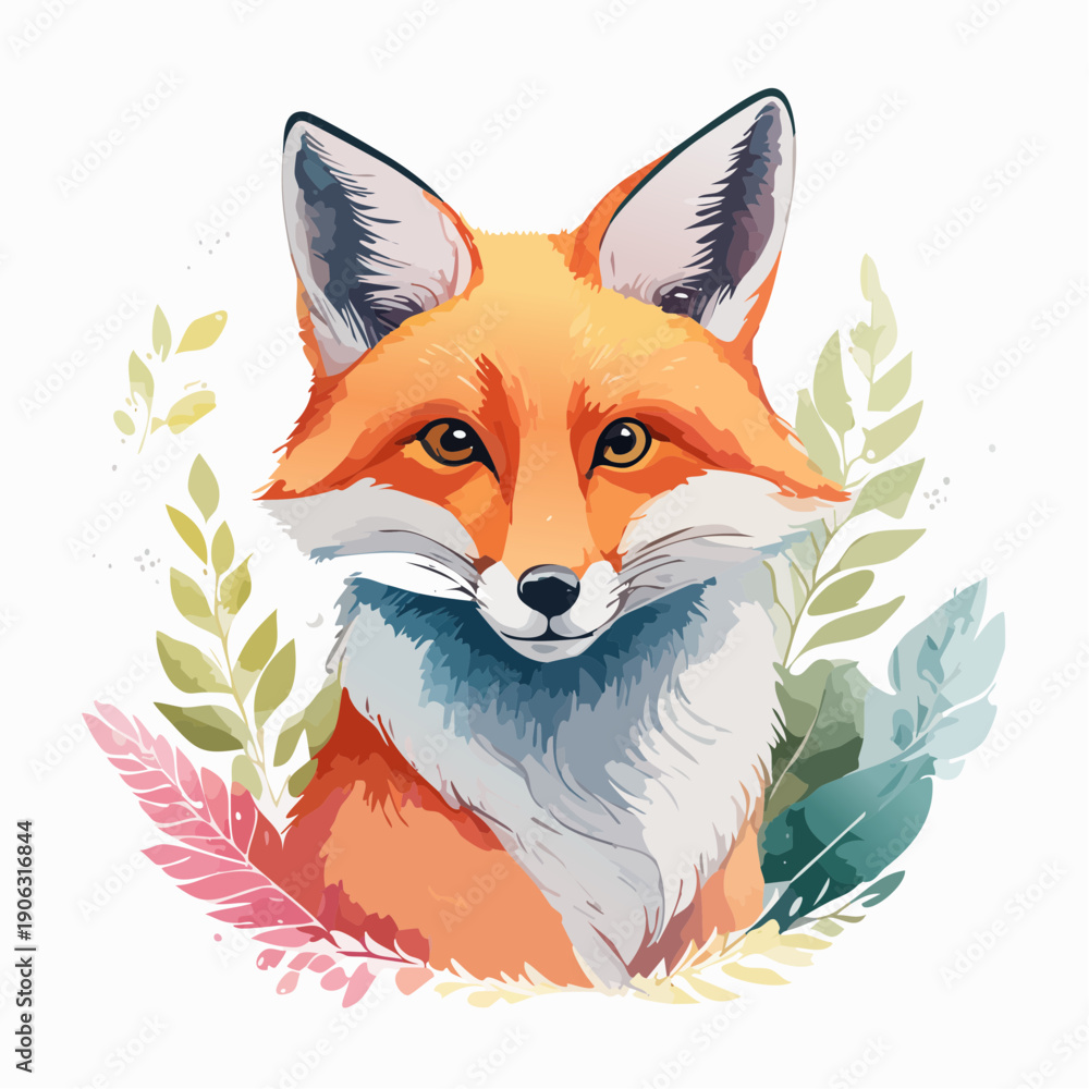 Obraz premium Charming Watercolor Portrait of a Red Fox Amidst Delicate Foliage, Capturing the Essence of Wild Nature's Beauty