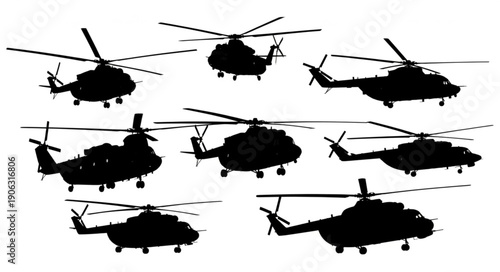 Collection of Helicopter Silhouettes Isolated on White Background.
