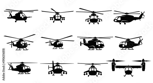 Collection of Helicopter Silhouettes Isolated on White Background.