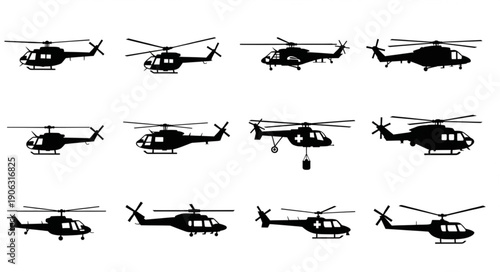 Collection of Helicopter Silhouettes Isolated on White Background.