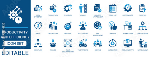 Productivity and efficiency icon set. featuring time management, task lists, project management, workflow, automation, deadlines, performance, collaboration and more. Perfect vector icon collection.