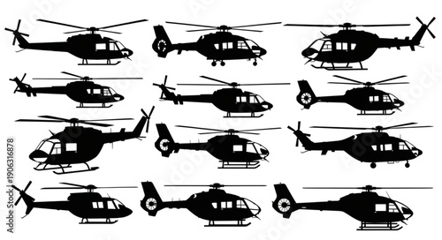 Collection of Helicopter Silhouettes on White Background.