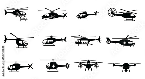 Collection of Helicopter Silhouettes Various Designs and Functions.