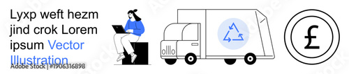 E-commerce, sustainability, online shopping, logistics, recycling, currency exchange. A delivery truck with a recycling symbol, a person using a laptop and a currency pound sign. E-commerce