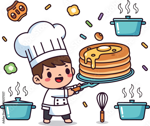 Cute chef with pancakes and food elements. Perfect for kitchen and cookingrelated designs, recipe cards, and culinary social media posts.