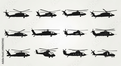 Collection of Helicopter Silhouettes in Various Poses.