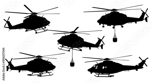 Collection of helicopter silhouettes in various poses and actions.