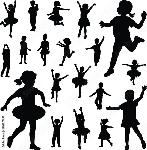 Children silhouettes collection, kids playing jumping dancing poses, happy childhood activities, active fun lifestyle illustration set, vector design isolated icons