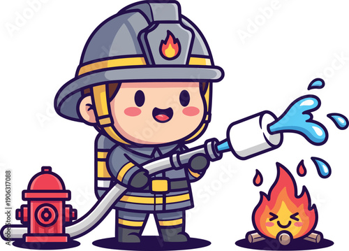 Cute cartoon firefighter extinguishing a happy flame with water. Ideal for childrens books, safety posters, educational materials, animations.