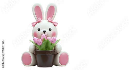 Cute 3D Bunny Holding Pink Tulips in a Pot