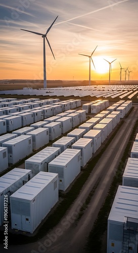 Array of massive energy storage units stands ready beneath operational wind turbines at sunset