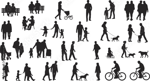 People silhouettes collection, families couples parents children daily activities, walking scenes, urban lifestyle crowd illustration set, vector, social, city, life