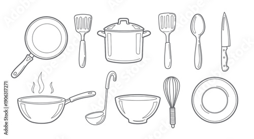 Hand Drawn Kitchen Tools Set With Frying Pan Pot Plate