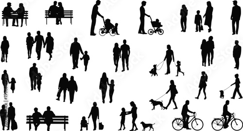 People silhouettes set, families couples parents children walking scenes, daily life activities, urban lifestyle crowd illustration collection, vector icon design