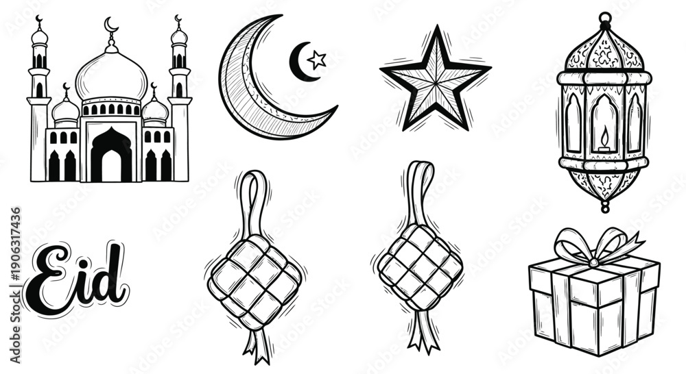 Obraz premium Hand Drawn Eid Mubarak Islamic Element Doodle Vector Set