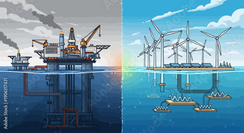 Offshore oil rig versus renewable energy wind farm