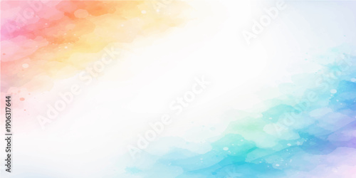 An abstract watercolor background of a bright blue summer sky with colorful cloudscape art and sunny light creating a beautiful spring day atmosphere