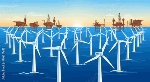 Offshore wind turbines and oil rigs at sunset