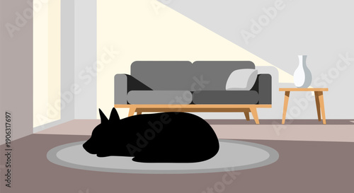 Black rabbit lying on gray rug in modern living room with couch and side table