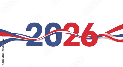 Futuristic 2026 year number with red blue and white ribbon elements on white background