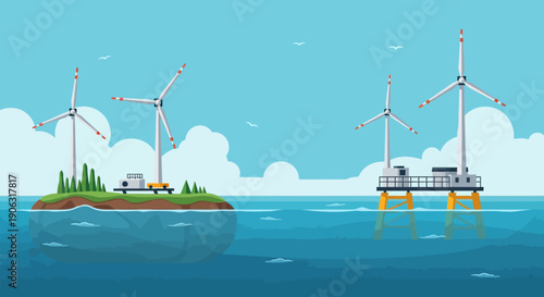 Offshore wind turbines on island and platform in ocean