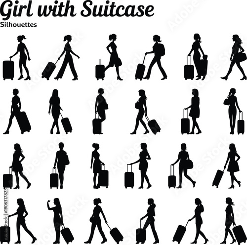 Girl with suitcase silhouettes, female traveler walking poses, travel luggage icons, woman journey concept, tourism transportation illustration set
