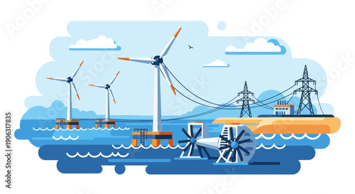 Offshore Wind Farm with Turbines and Power Lines