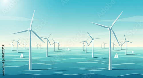 Offshore wind farm in ocean with sailboats