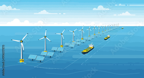 Offshore renewable energy farm with wind turbines and solar panels