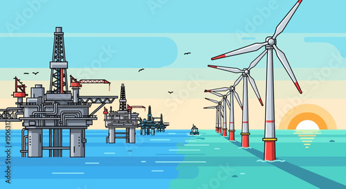 Offshore oil rigs and wind turbines in ocean