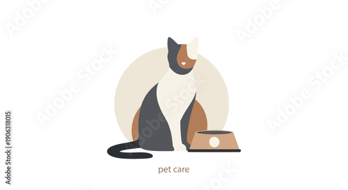 Cat sitting next to food bowl pet care concept with minimalist design