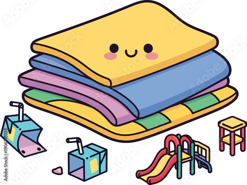 Cute cartoon play area with juice boxes and colorful mats, perfect for childrens events or childcarerelated designs and projects.