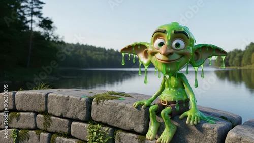 Cute Green Slime Goblin Character Sitting on Stone Bridge Near Lake