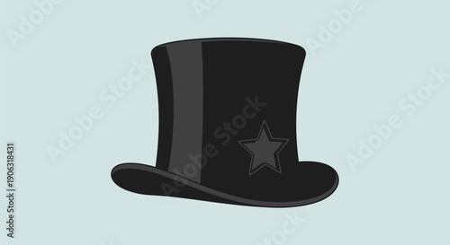 Black top hat with star emblem on light blue background elegant fashion accessory