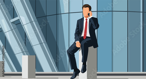 Professional businessman in a suit talking on a smartphone outside a modern office building, representing corporate communication and urban lifestyle in the city