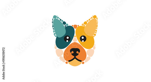Vibrant split french bulldog face with colorful geometric patterns on white background