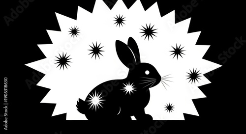 Black Rabbit Silhouette with Sparkling Stars on White Burst Background
