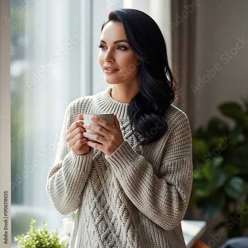 Young woman holding a warm beverage while gazing thoughtfully through a bright window