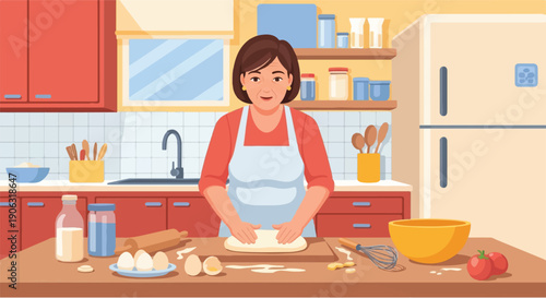 Woman in apron making dough in a kitchen with baking ingredients laid out on the counter
