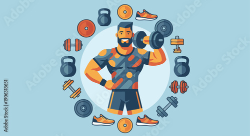 Friendly Weightlifter Portrait

Flat vector illustration of a friendly weightlifter smiling confidently, wearing gym outfit and holding a dumbbell or barbell. Simple background with fitness icons. 