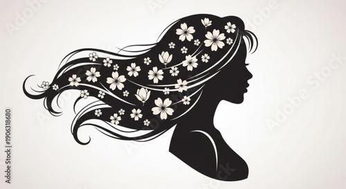 Woman Silhouette with Floral Hair on White Background