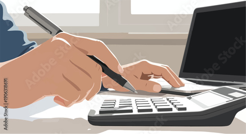 Close-up of hands using a calculator and pen at a desk with a laptop in the background, symbolizing financial planning and analysis