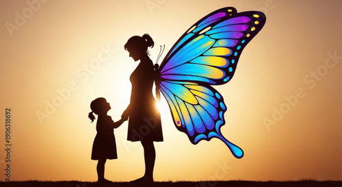 Mother and Daughter Silhouette with Butterfly Wings at Sunset