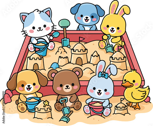 Animals in sandbox with sandcastles, suitable for childrens books, games, and educational materials. Perfect for kids products.
