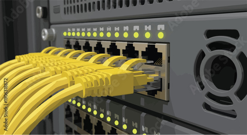 Network switch with vibrant yellow Ethernet cables, illustrating crucial high-speed data transfer and reliable internet connectivity for modern digital communication