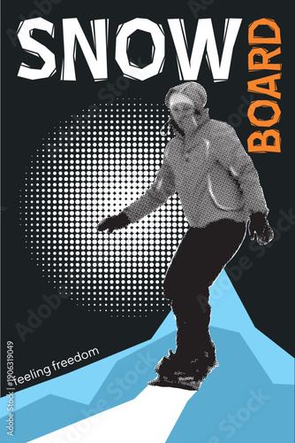 Snowboard. Vector halftone modern abstract illustration of winter extreme sport, man or woman riding in mountains outdoors, winter landscape for poster, flyer, leaflet or background