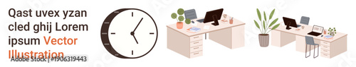 Business organization, work culture, office decor, time management, productivity, teamwork. Minimalist office desks with laptops, plants and a wall clock. Business organization and time management