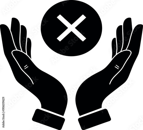 Two hands reaching out towards a black circle with a white cross