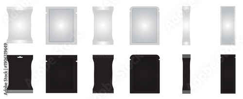 Blank and silver sachet bag template, flat. Hand drawn set of various packaging types including pouches, bags, and stick packs food products, vector illustration.
