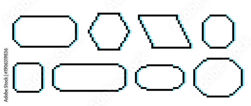 Black and blue pixel text boxes. Empty pixelated frame collection. Retro 8 bit border shape pack for speech chat bubble, message cloud, communication dialog, talk balloon. Vector illustration bundle